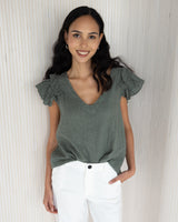 NEW | Lydia Frill Sleeve Top | Khaki | 100% Linen