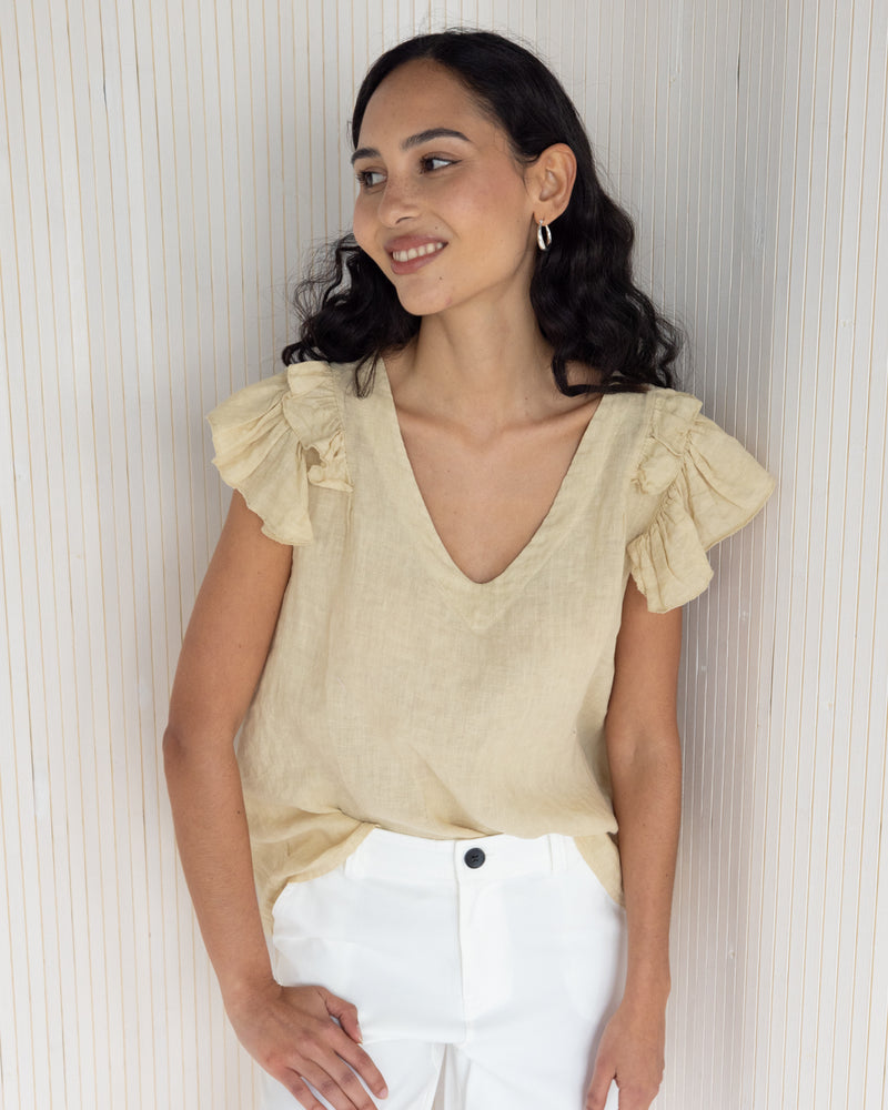 NEW | Lydia Frill Sleeve Top | Sand | 100% Linen