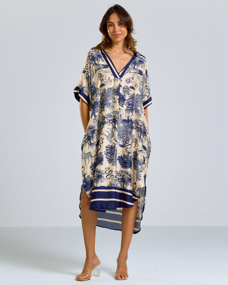 Florence Silk Kaftan Dress Navy JAKI