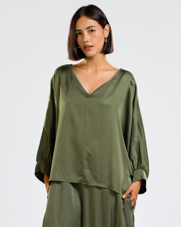 PRE-ORDER | Eliza Satin Blouse | Khaki