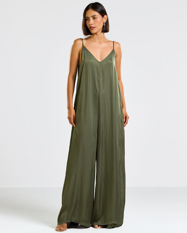 PRE-ORDER | Eliza Satin Jumpsuit | Khaki