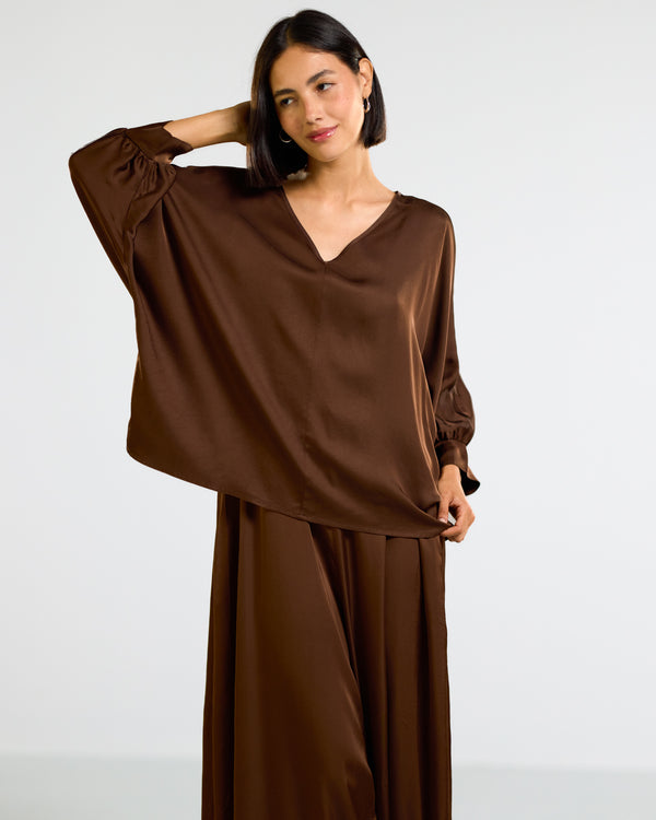 PRE-ORDER | Eliza Satin Blouse | Espresso Brown