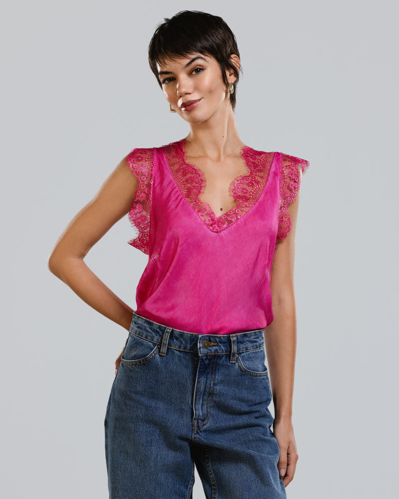 Lace Trim Vest | Hot Pink