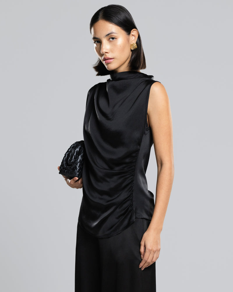 Allegra Draped Satin Top | Black