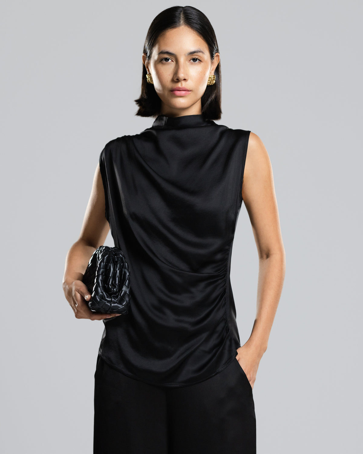 Allegra Draped Satin Sleeveless Top | Black – JAKI