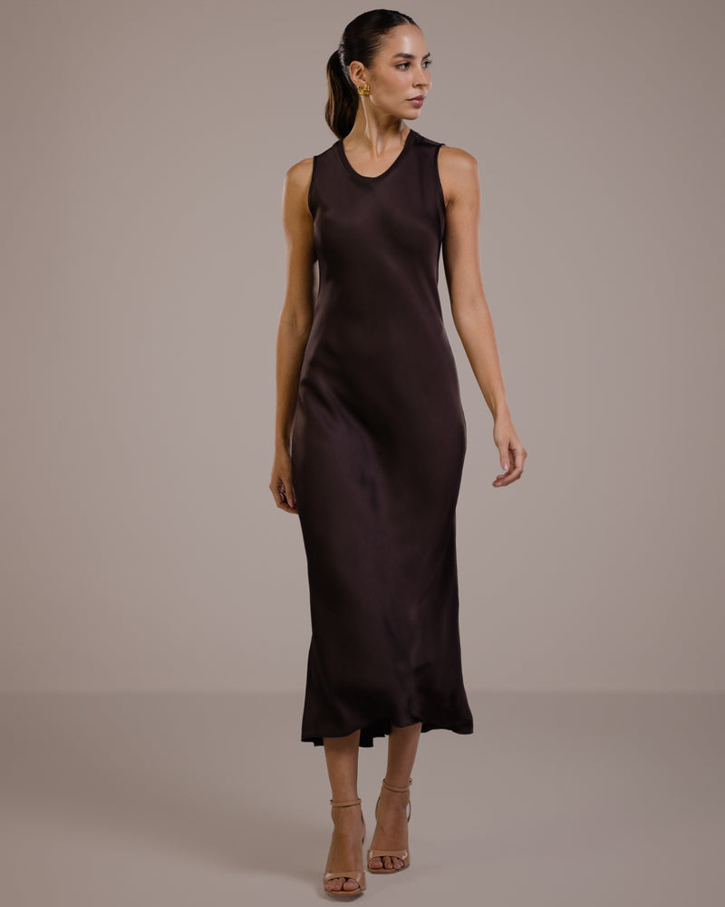 PRE-ORDER | Sabrina Sleeveless Satin Dress | Espresso Brown