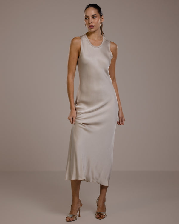 PRE-ORDER | Sabrina Sleeveless Satin Dress | Light Beige