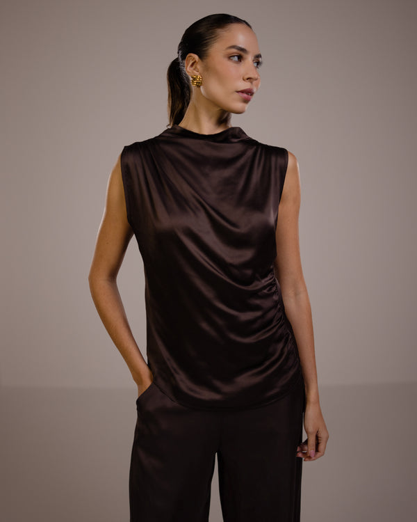 Allegra Draped Satin Top | Espresso Brown