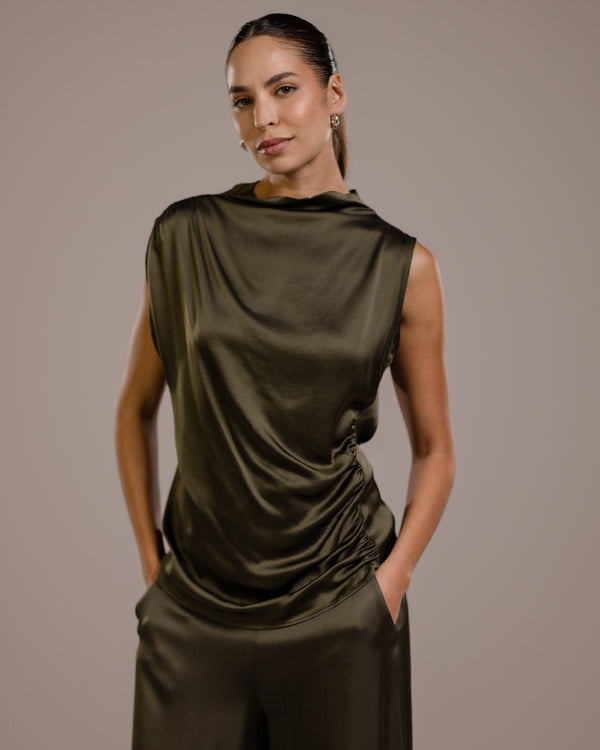 Allegra Draped Satin Top | Khaki