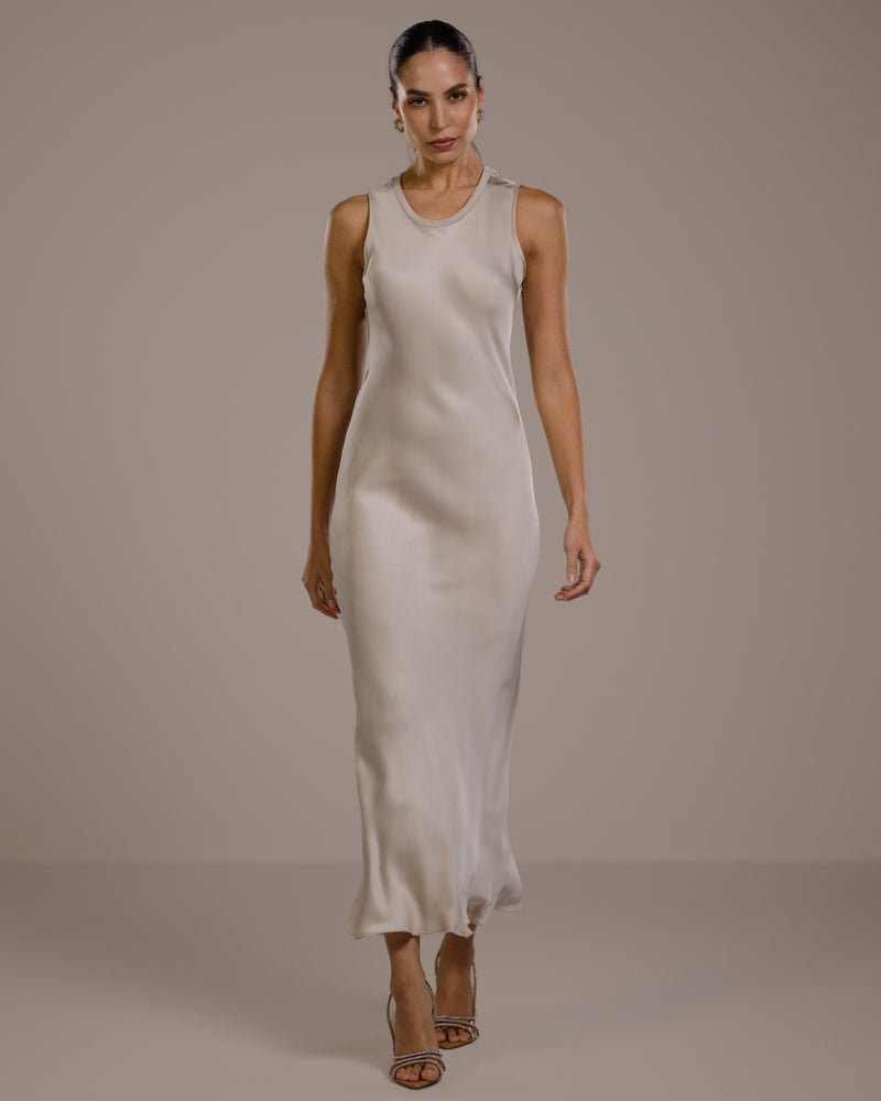 PRE-ORDER | Sabrina Sleeveless Satin Dress | Light Beige