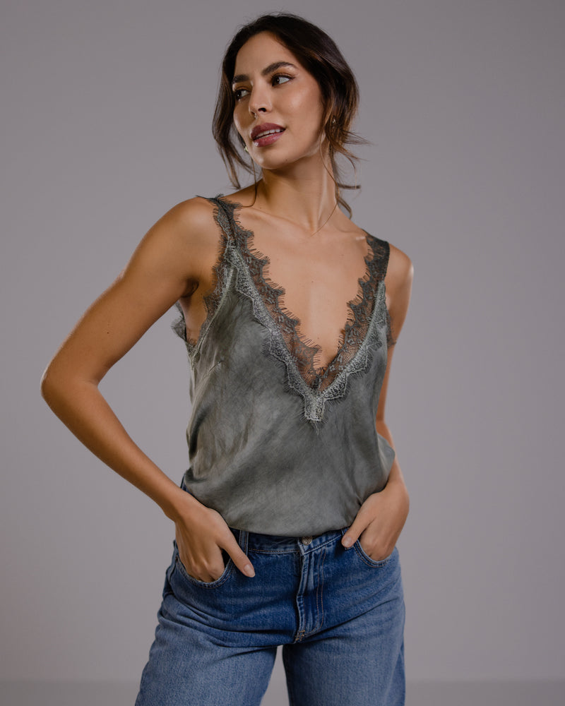 Elsie Lace Trim Vest | Khaki