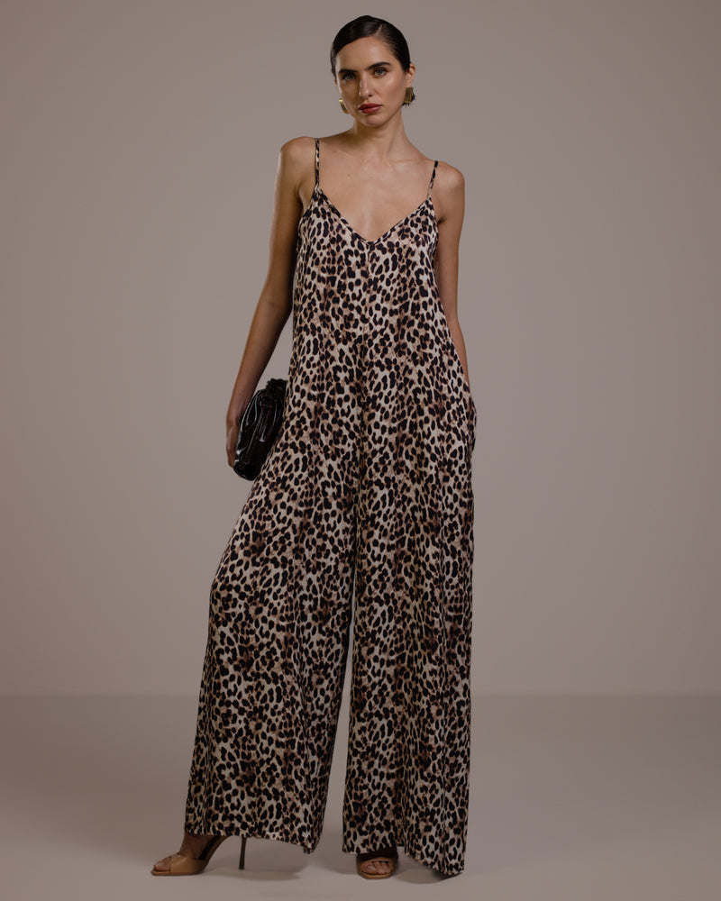 Audrey Satin Jumpsuit | Leopard Brown