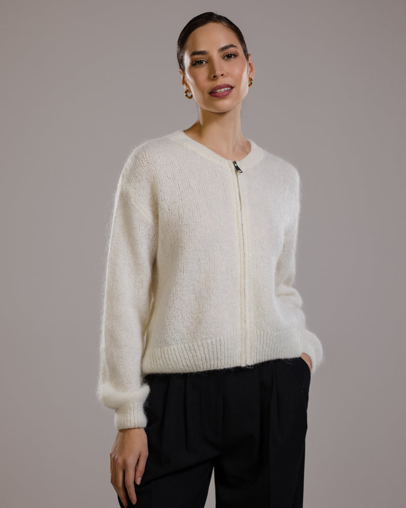 Lucille Zip Sweater | Ivory | Mohair Blend