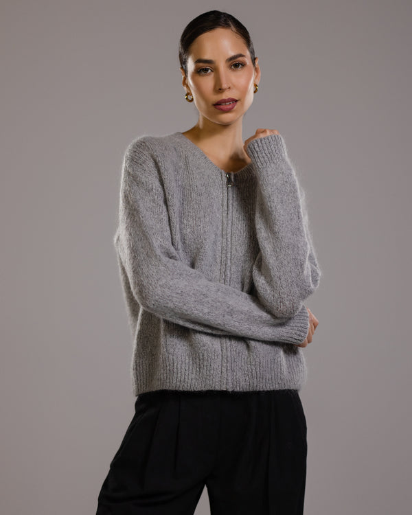 Lucille Zip Sweater | Light Grey | Mohair Blend