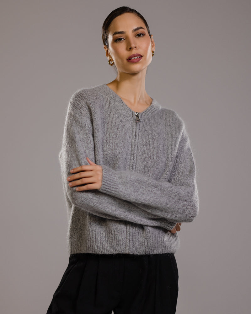 Lucille Zip Sweater | Light Grey | Mohair Blend