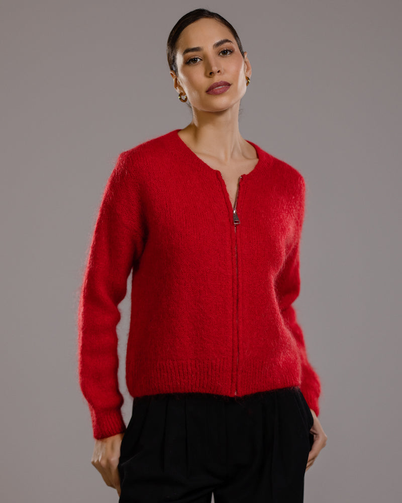 Lucille Zip Sweater | Red | Mohair Blend