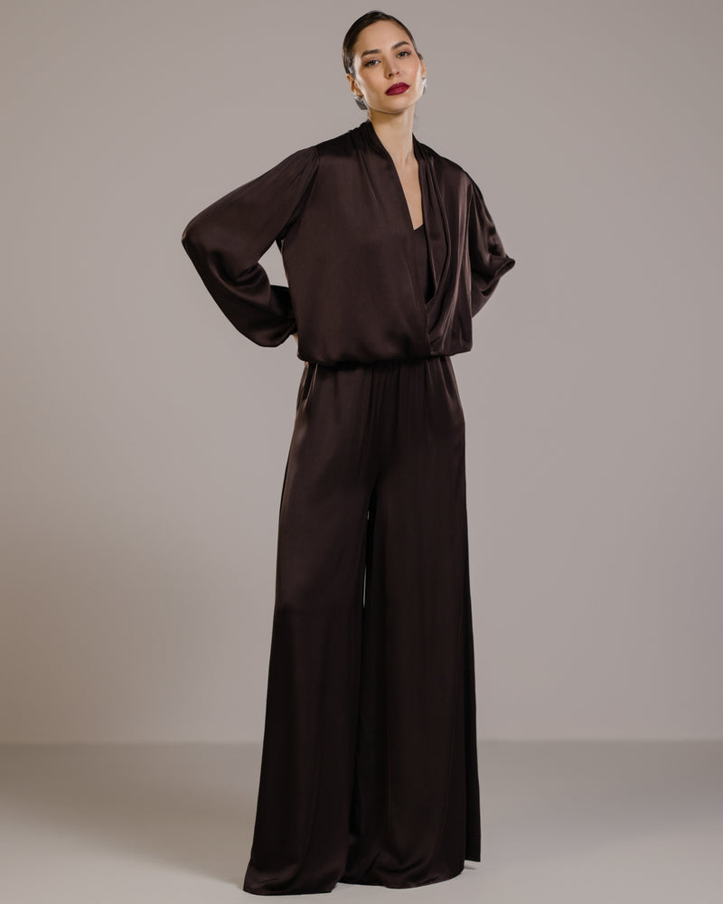 Helena Elastic Waist Satin Trousers | Espresso Brown