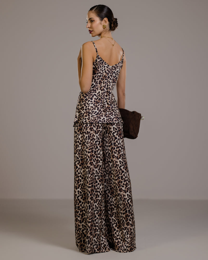 Helena Elastic Waist Satin Trousers | Leopard Brown