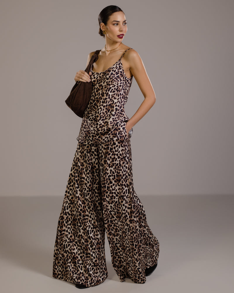 Helena Elastic Waist Satin Trousers | Leopard Brown