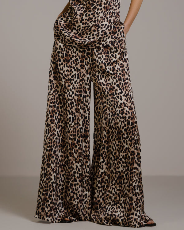 Helena Elastic Waist Satin Trousers | Leopard Brown