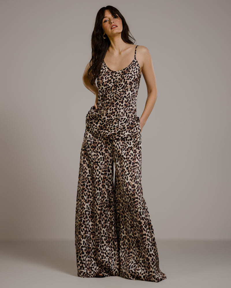 Helena Elastic Waist Satin Trousers | Leopard Brown