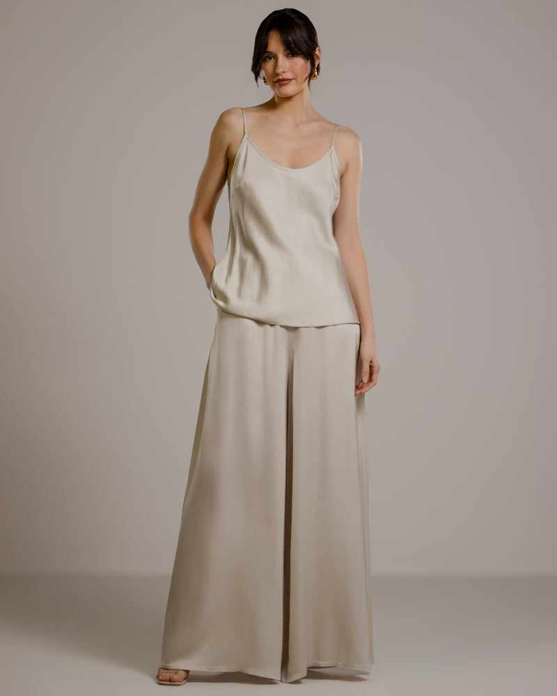 Helena Elastic Waist Satin Trousers | Light Beige