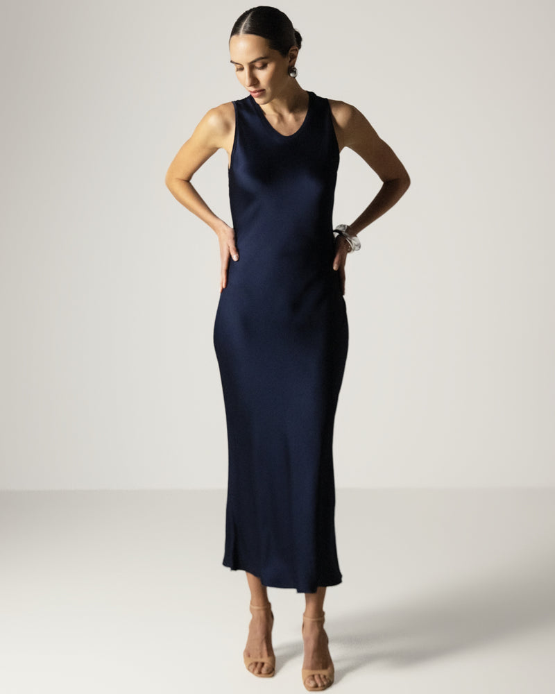 sabrina blue dress Sabrina Sleeveless Satin Dress