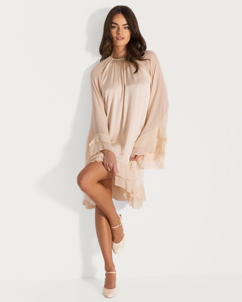 ruffle dress cream Button Up Long Sleeve Chiffon V-Neck, Kamryn Mini Dress in Cream, Size M, For Brunch