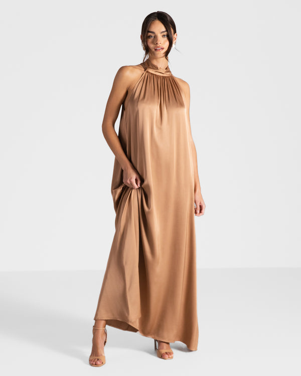 Ruby Halterneck Satin Dress | Tan