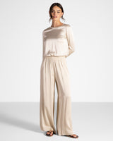 Daisy Elastic Waist Satin Pants | Light Beige