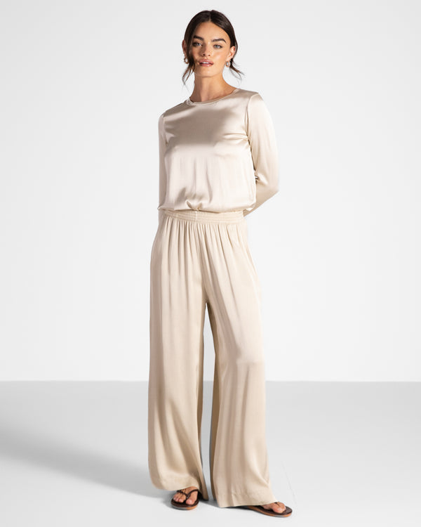 Daisy Elastic Waist Satin Trousers | Light Beige