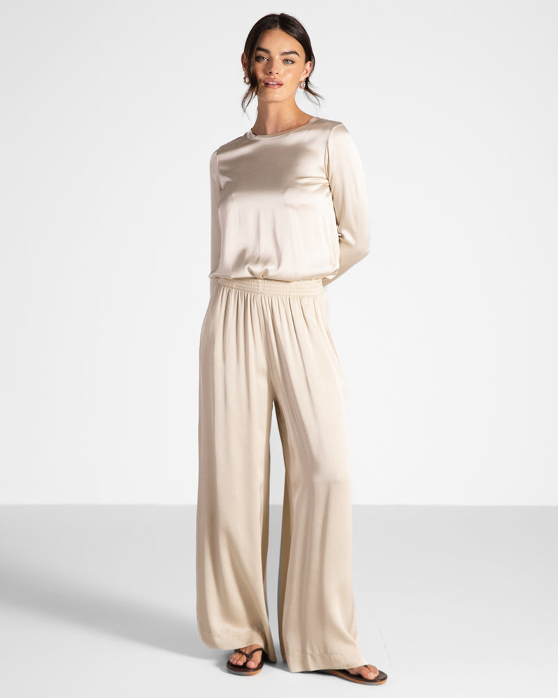 Daisy Elastic Waist Satin Pants | Light Beige