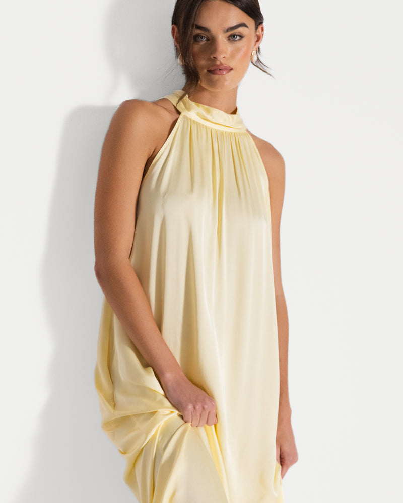 Ruby Halterneck Satin Dress | Pastel Yellow JAKI Ruby Halterneck Satin Dress | Pastel Yellow JAKI