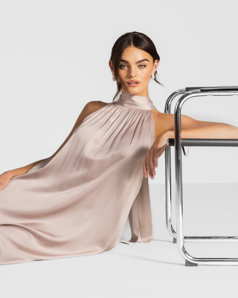 Ruby Halterneck Satin Dress | Dusty Pink JAKI Ruby Halterneck Satin Dress | Dusty Pink JAKI