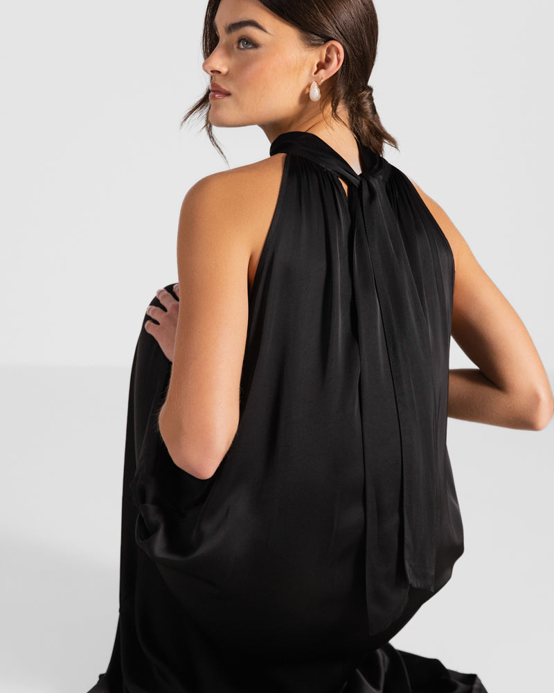 black silk halterneck dress Anabelle Halter Neck Lace Maxi Dress - Black