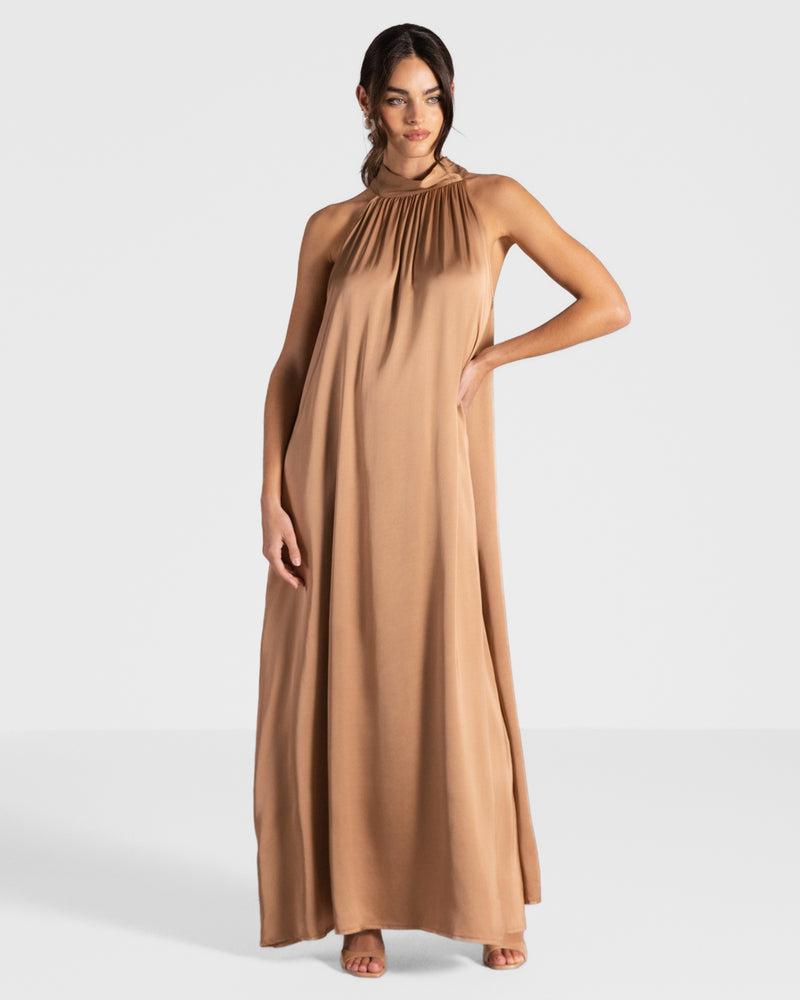 Ruby Halterneck Satin Dress | Tan