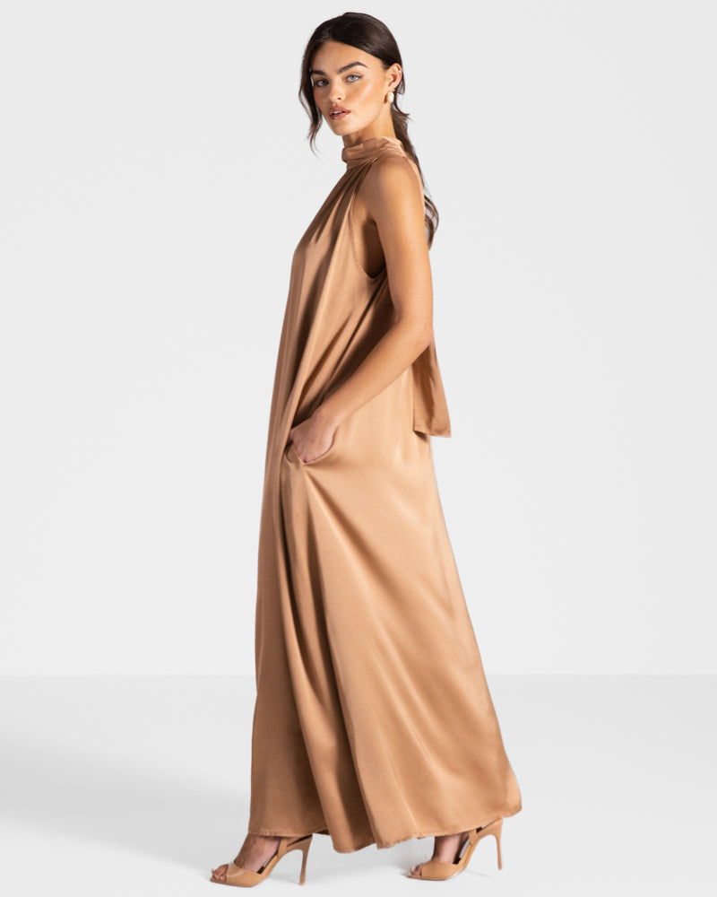 Ruby Halterneck Satin Dress | Tan