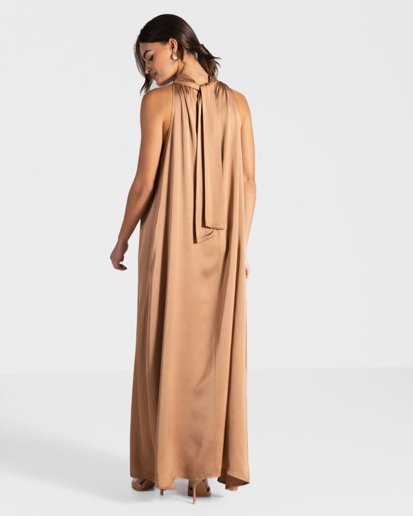 Ruby Halterneck Satin Dress | Tan