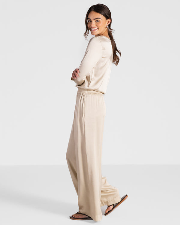Daisy Elastic Waist Satin Trousers | Light Beige