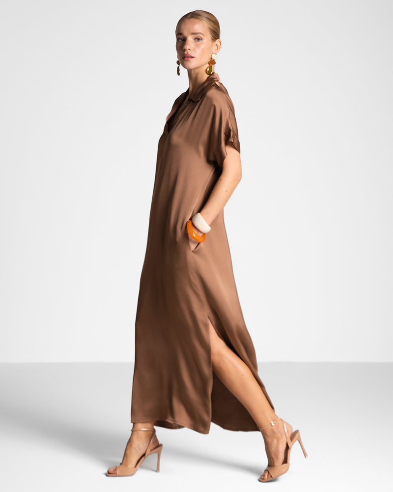 Jaki Female Kaftan Dress, Maple Color, Made from 100% Viscose, Side Pockets, Side Split Hem, Open Collar Neckline, Made in Italy