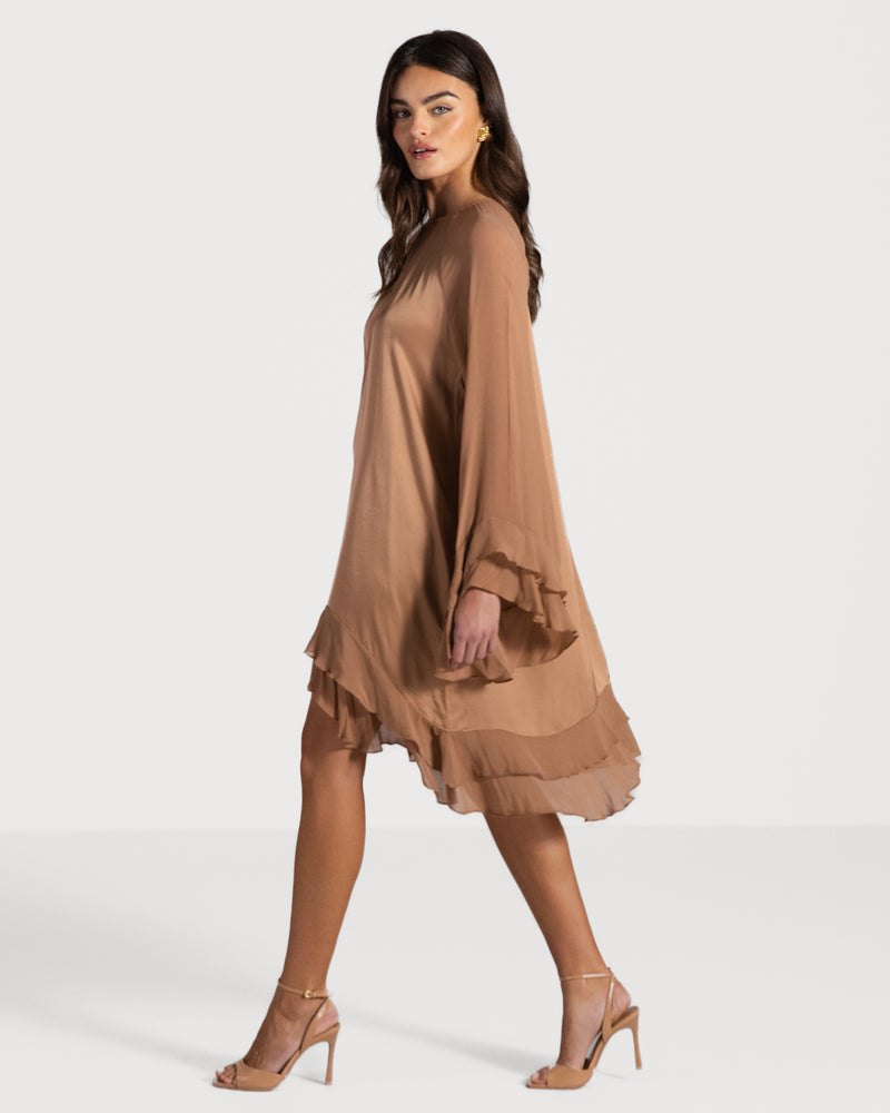 Jaki Women's Ruffle Midi Dress, Tan, 100% Viscose, Made In Italy, Female Jaki Women's Ruffle Midi Dress, Tan, 100% Viscose, Made In Italy, Female