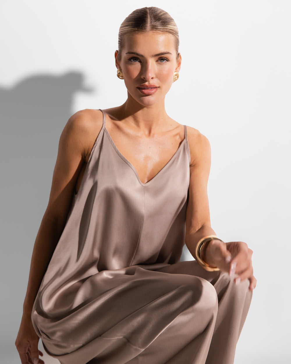 Audrey Satin Jumpsuit | Mocha – JAKI