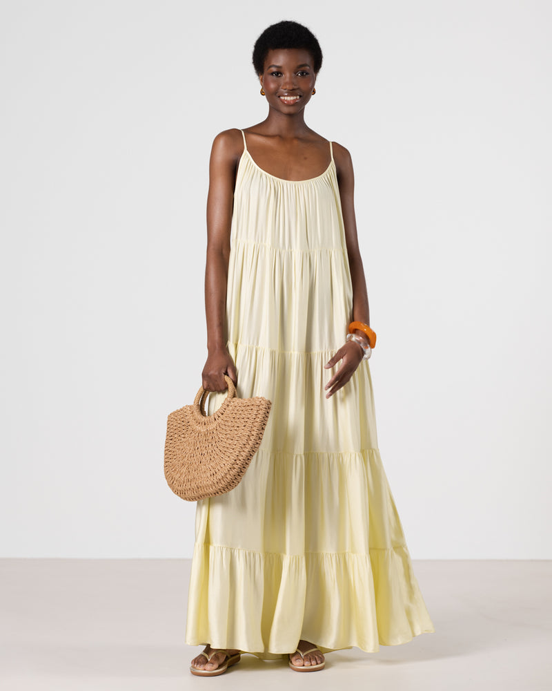 Noelle Strappy Tiered Satin Maxi Dress | Butter Yellow JAKI Noelle Strappy Tiered Satin Maxi Dress | Butter Yellow JAKI