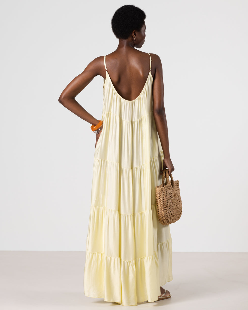 Noelle Strappy Tiered Satin Maxi Dress