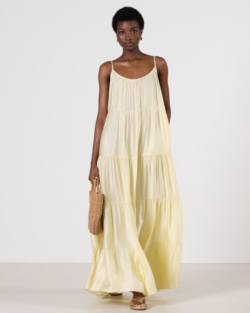 Noelle Strappy Tiered Satin Maxi Dress | Butter Yellow JAKI Noelle Strappy Tiered Satin Maxi Dress | Butter Yellow JAKI