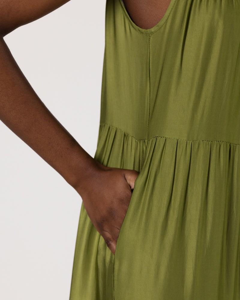 Noelle Strappy Tiered Satin Maxi Dress | Olive Green JAKI Noelle Strappy Tiered Satin Maxi Dress | Olive Green JAKI
