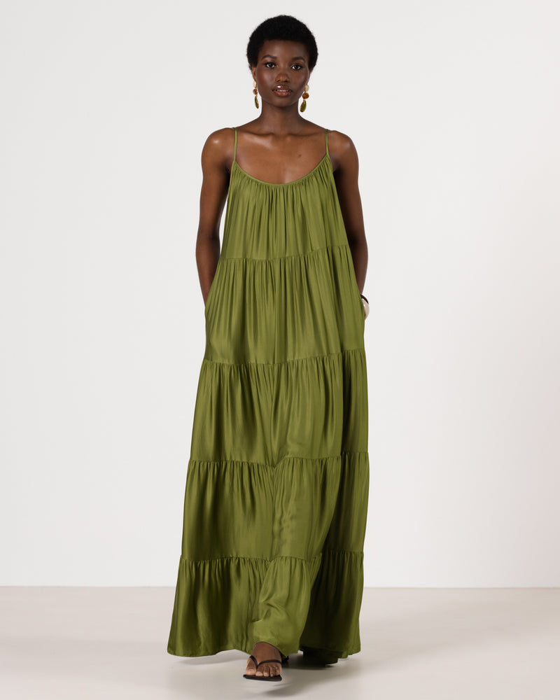 Noelle Strappy Tiered Satin Maxi Dress | Olive Green JAKI Noelle Strappy Tiered Satin Maxi Dress | Olive Green JAKI