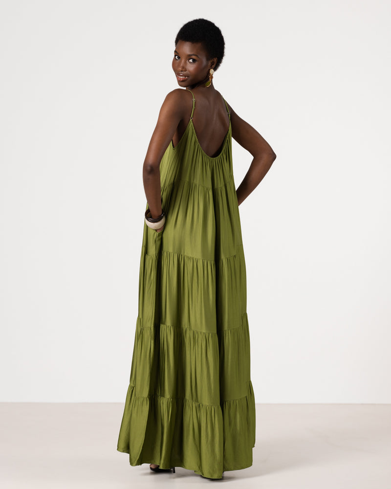Noelle Strappy Tiered Satin Maxi Dress | Olive Green Noelle Strappy Tiered Satin Maxi Dress | Olive Green