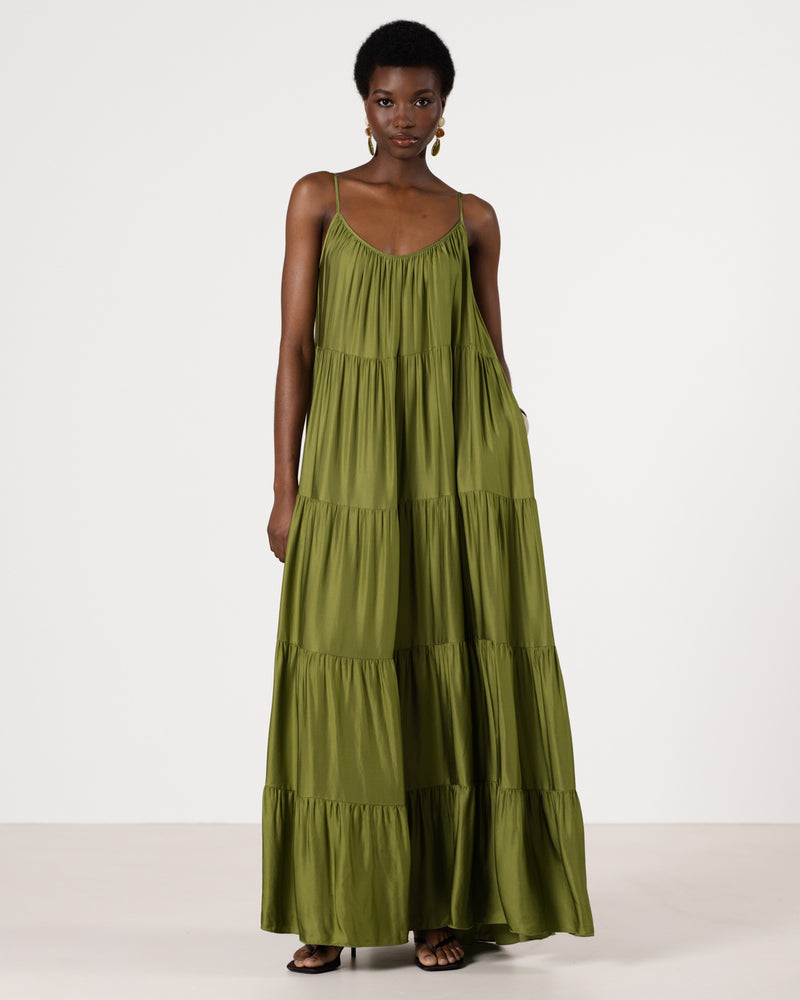 Noelle Strappy Tiered Satin Maxi Dress | Olive Green JAKI Noelle Strappy Tiered Satin Maxi Dress | Olive Green JAKI