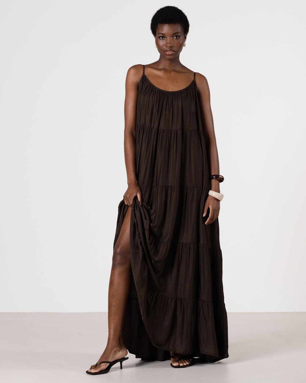 Noelle Strappy Tiered Satin Maxi Dress | Cocoa Soleil – JAKI